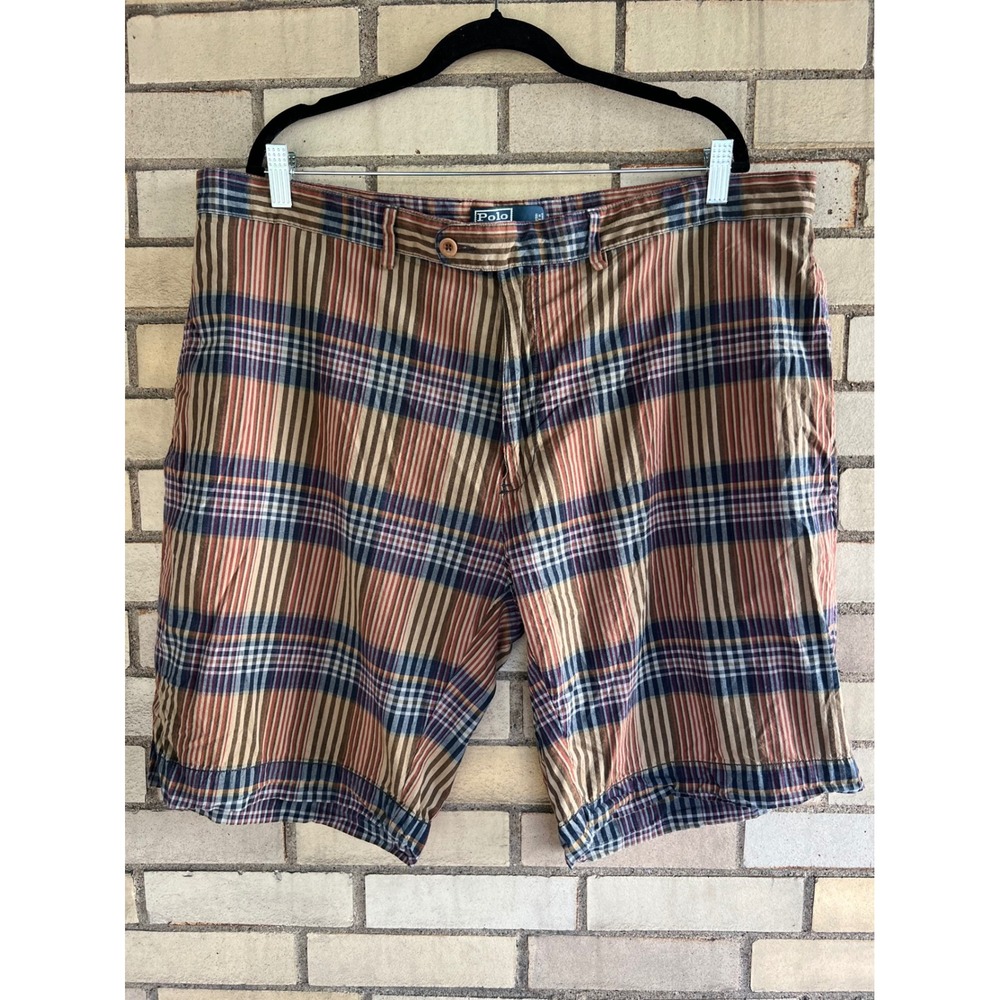 Vintage Polo Ralph Lauren Plaid Shorts Men's Size 42 Brown Tan Navy 100% Cotton